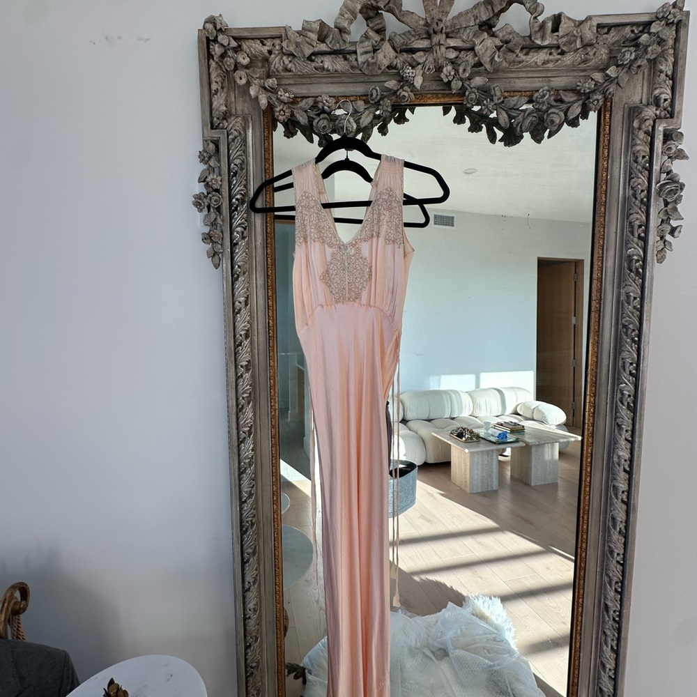 1930s antique silk slip dress nightgown vintage pink peach lace hand sewn